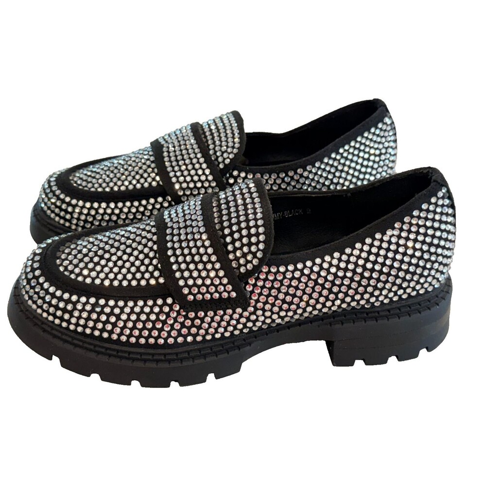 Azalea Wang Slip On Chunky Loafer Black Y2K Rhinestone Bling SZ 9